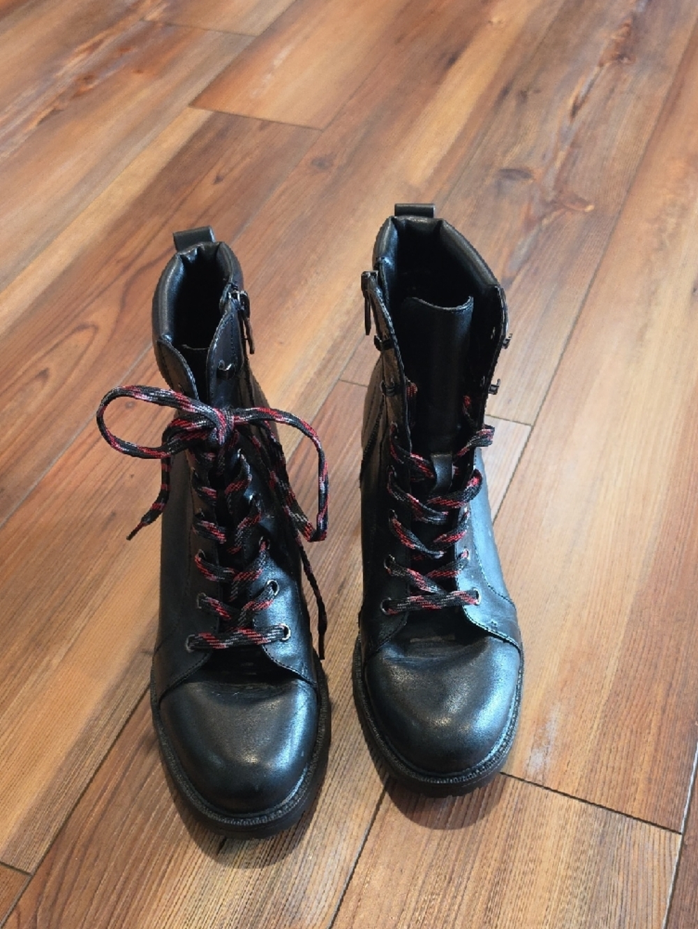 Vince Camuto Black Lace-Up Chunky Heel Boots with Red-Accented Laces - Picture 2 of 9
